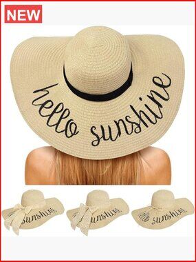 Women's Floppy Sun Hat with Embroidery - Wide Brim Paper Straw